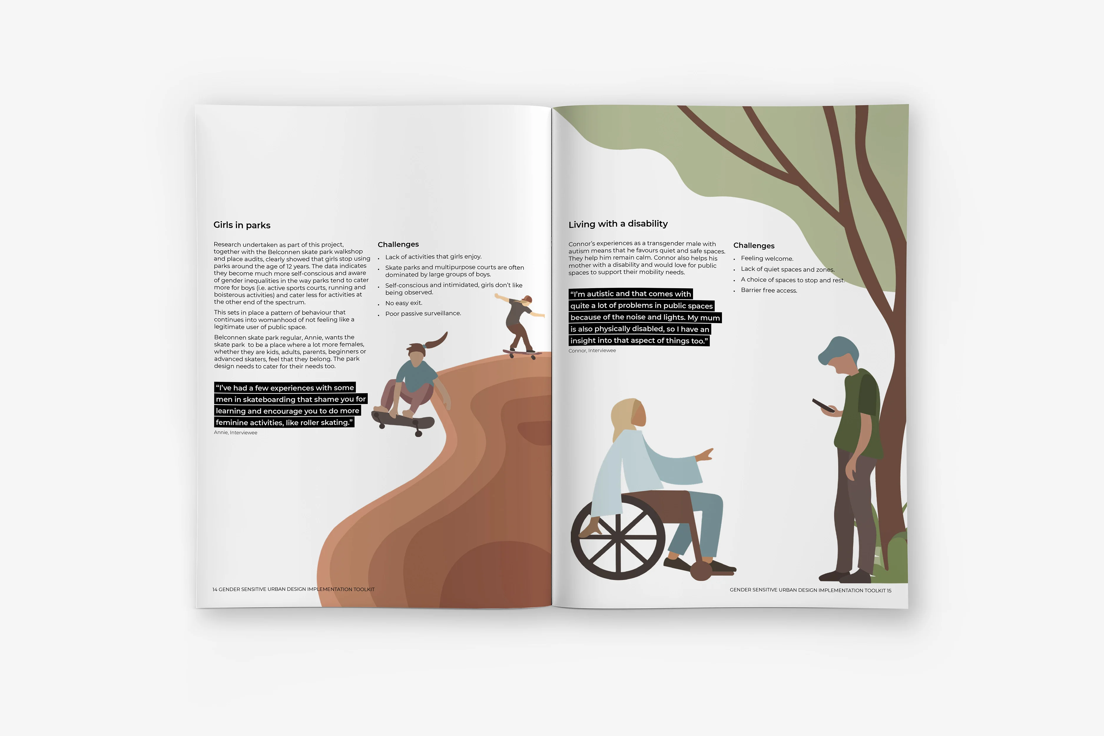 An image of a double-page spread in an A4 government report. There are illustrations of people skateboarding in a park.