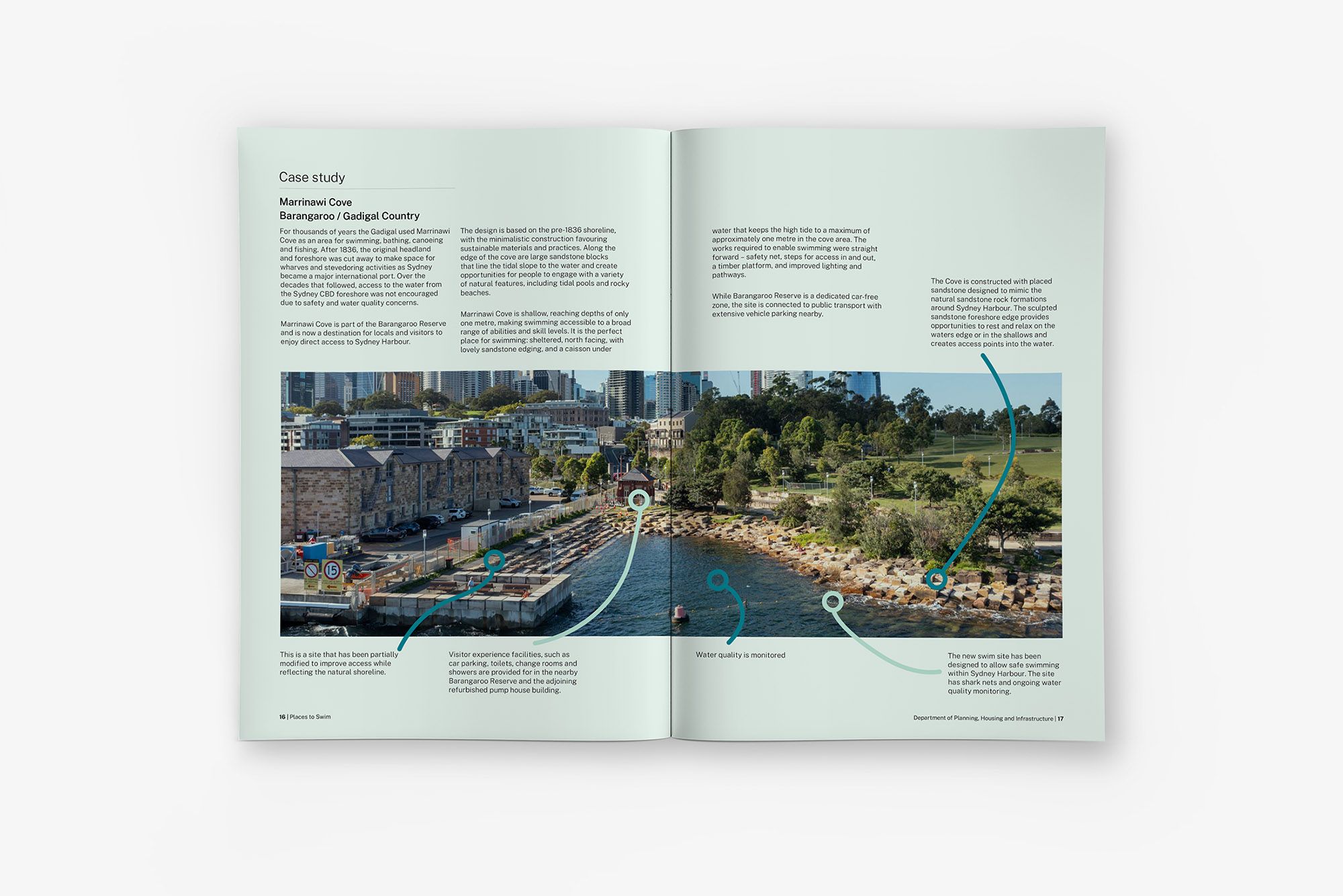 A digital mock-up of an A4 document spread, the paper is pale green with a landscape image of a harbour swimming spot filling the bottom half. 