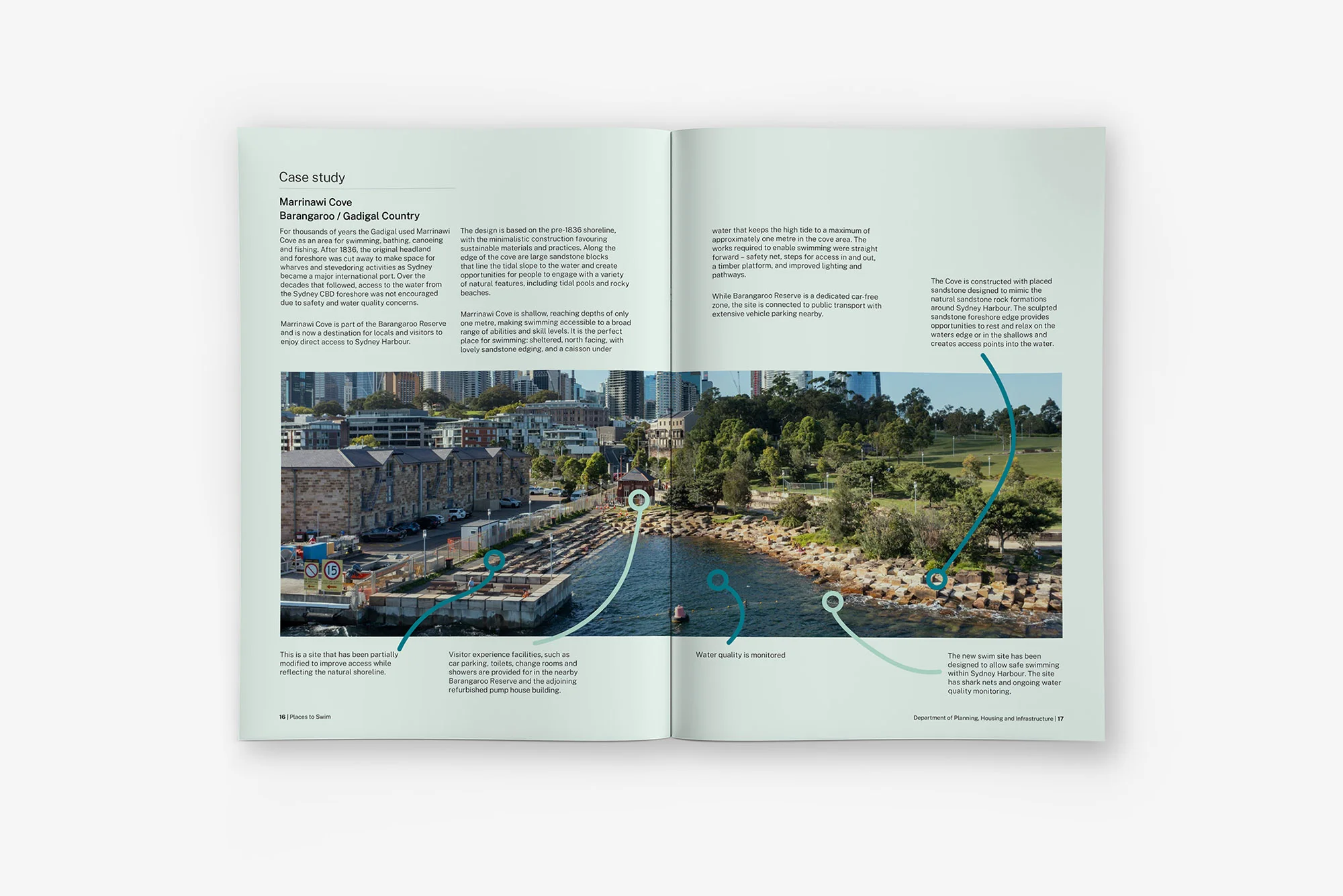 A digital mock-up of an A4 document spread, the paper is pale green with a landscape image of a harbour swimming spot filling the bottom half.
