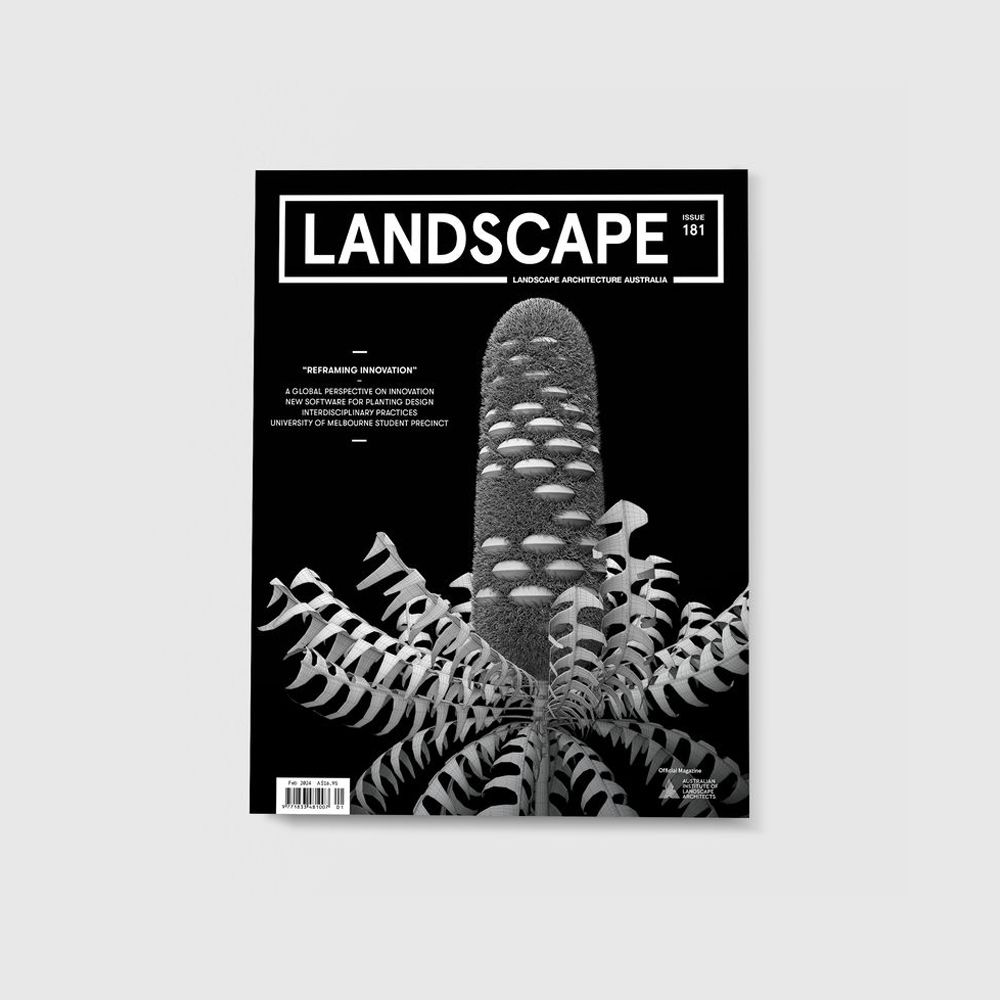 An image of the cover of a magazine titled 'Landscape' featuring a black and white, digital, image of a banksia cone.