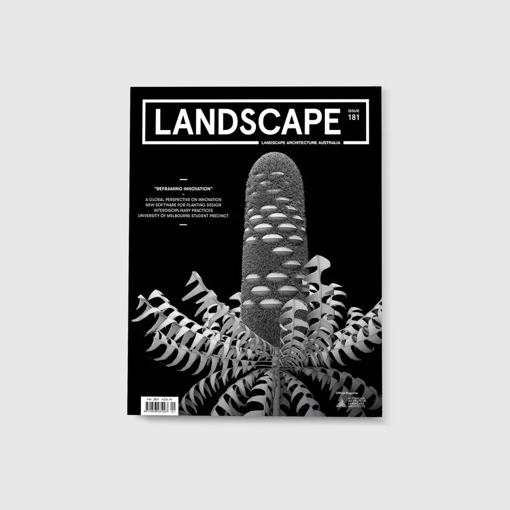 An image of the cover of a magazine titled 'Landscape' featuring a black and white, digital, image of a banksia cone.