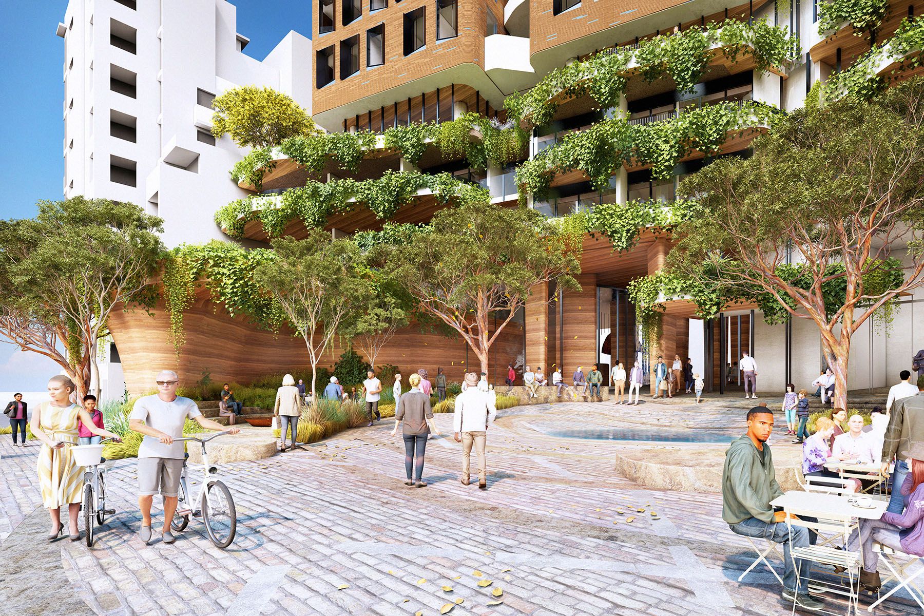 A digital render of a busy building forecourt filled, there are tress and greenery growing up the lower floors of the building. 