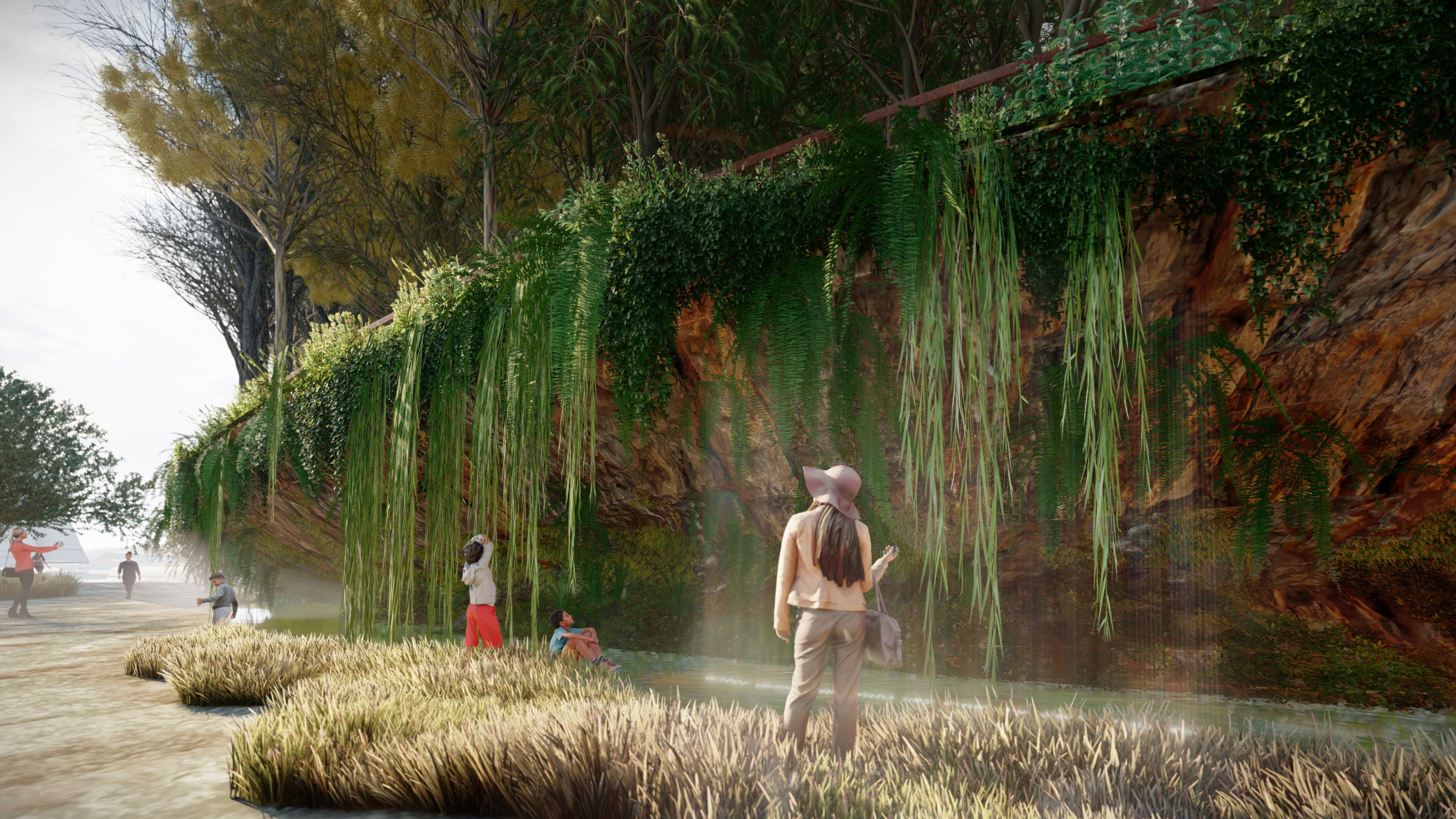 A digital visualisation of an urban park featuring dramatic landforms and lush Australian vegetation.