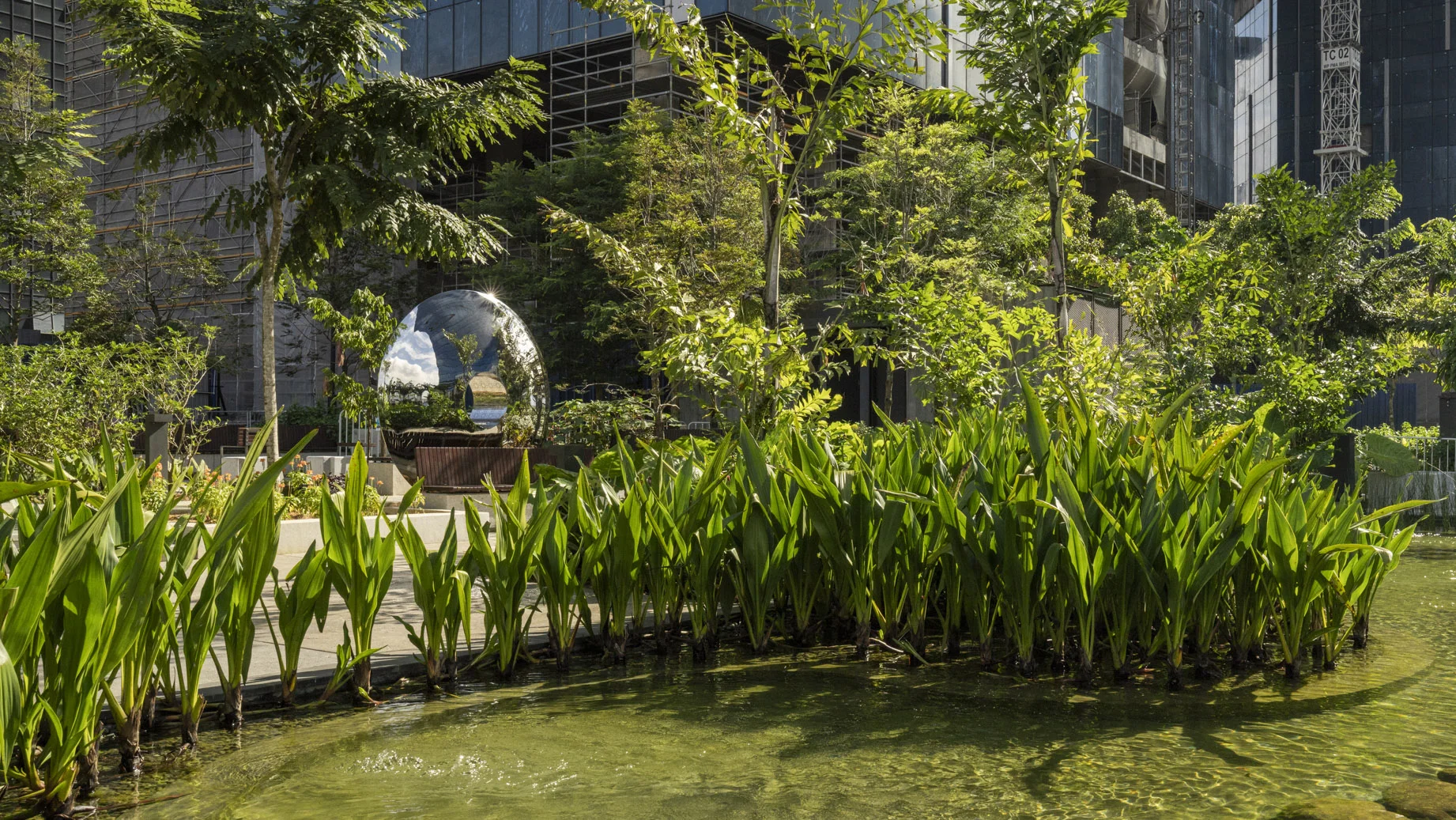 A photo of a lush rooftop garden with a large area of water, and a silver sculpture.