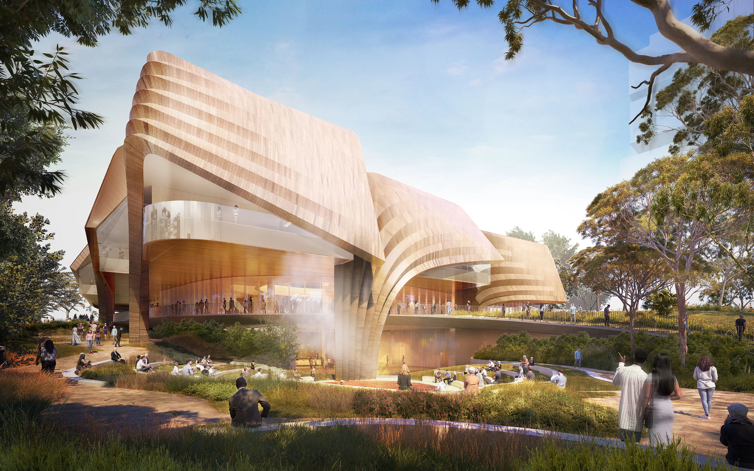 A digital render of a large art gallery, in the foreground many people are pictured in gathering in different spaces of a landscape space with curved paths and planting.