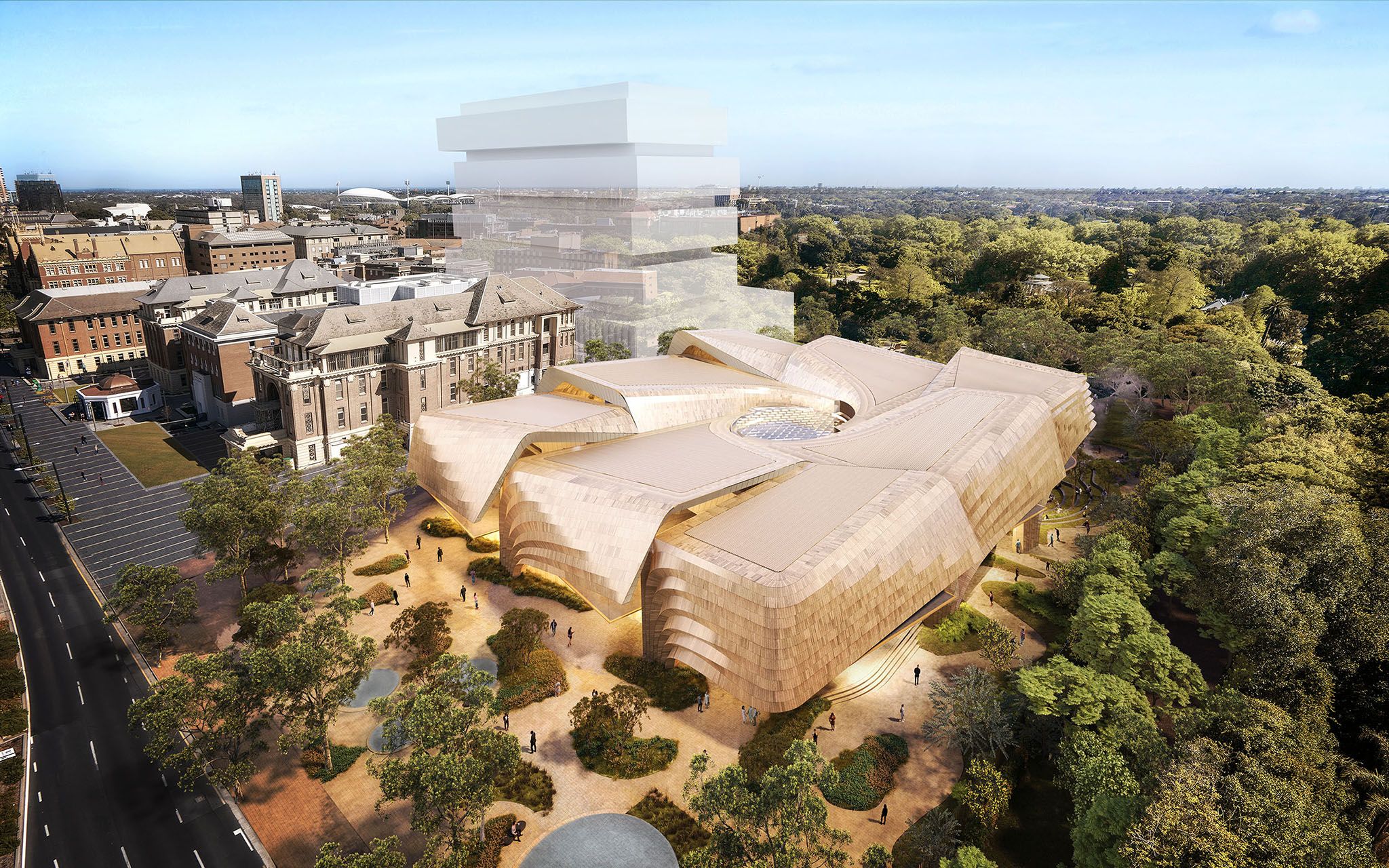 A digital render of a contemporary cultural centre, surrounded by open space.