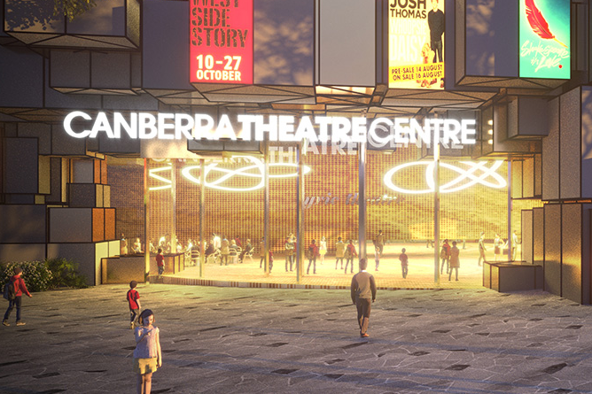 An artist's impression of a renewed precinct, shown at night. A sign reading 'Canberra Theatre Centre' is featured above a glowing entry foyer. There are a couple of people outside, and lots more people inside under sculptural lights.