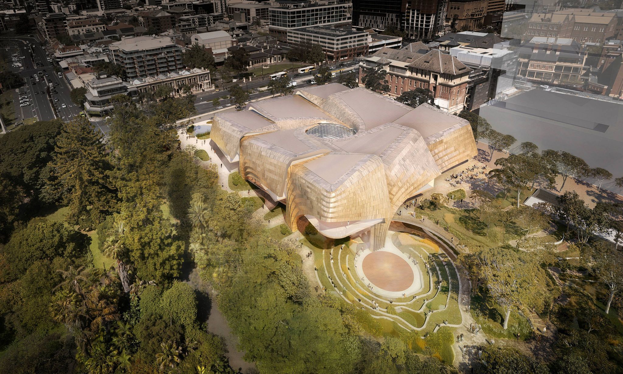 A digital render of a contemporary cultural centre, surrounded by green open space.