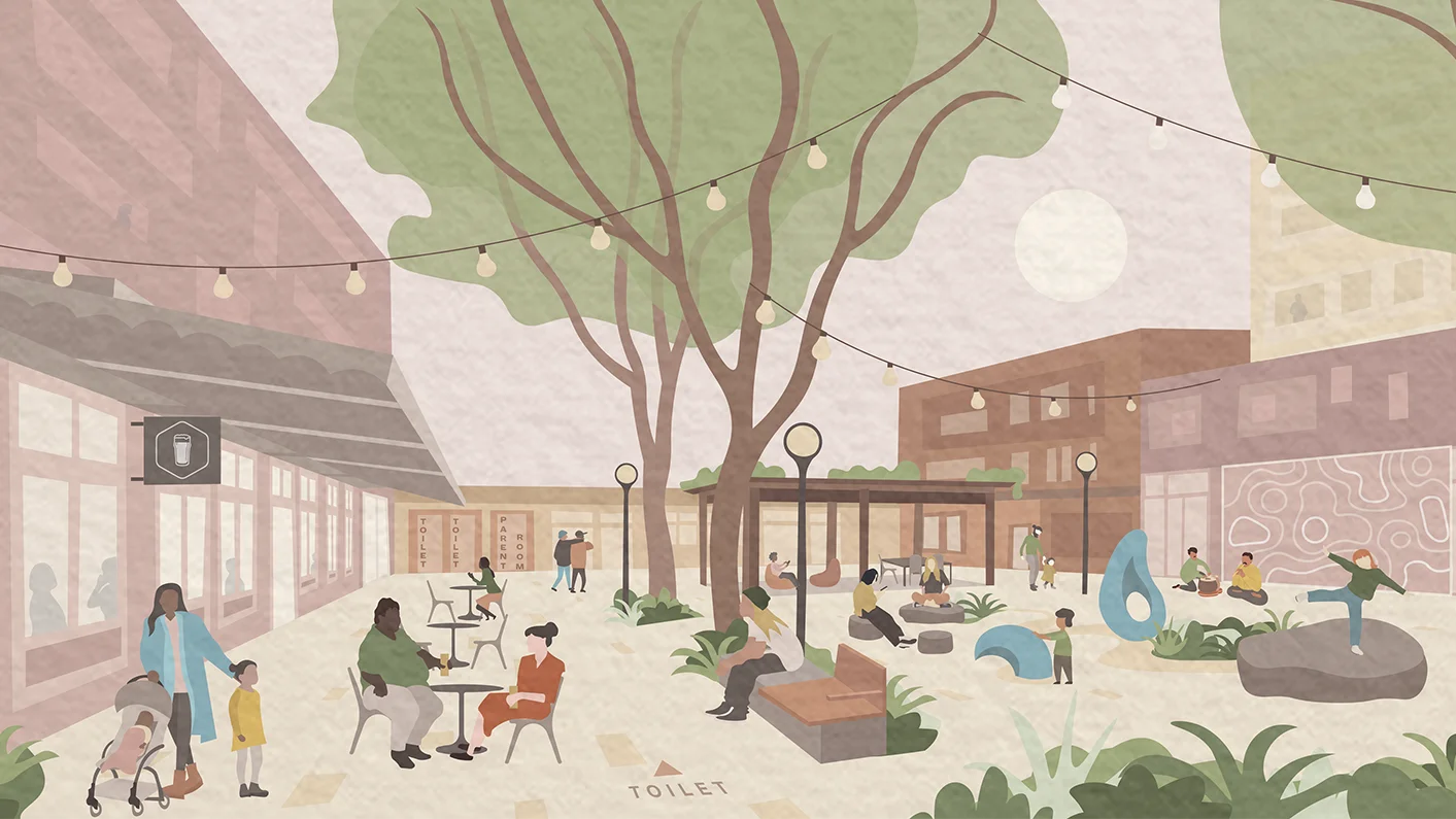 A digital illustration of a Town Square designed with Gender Sensitive Urban Design principles.