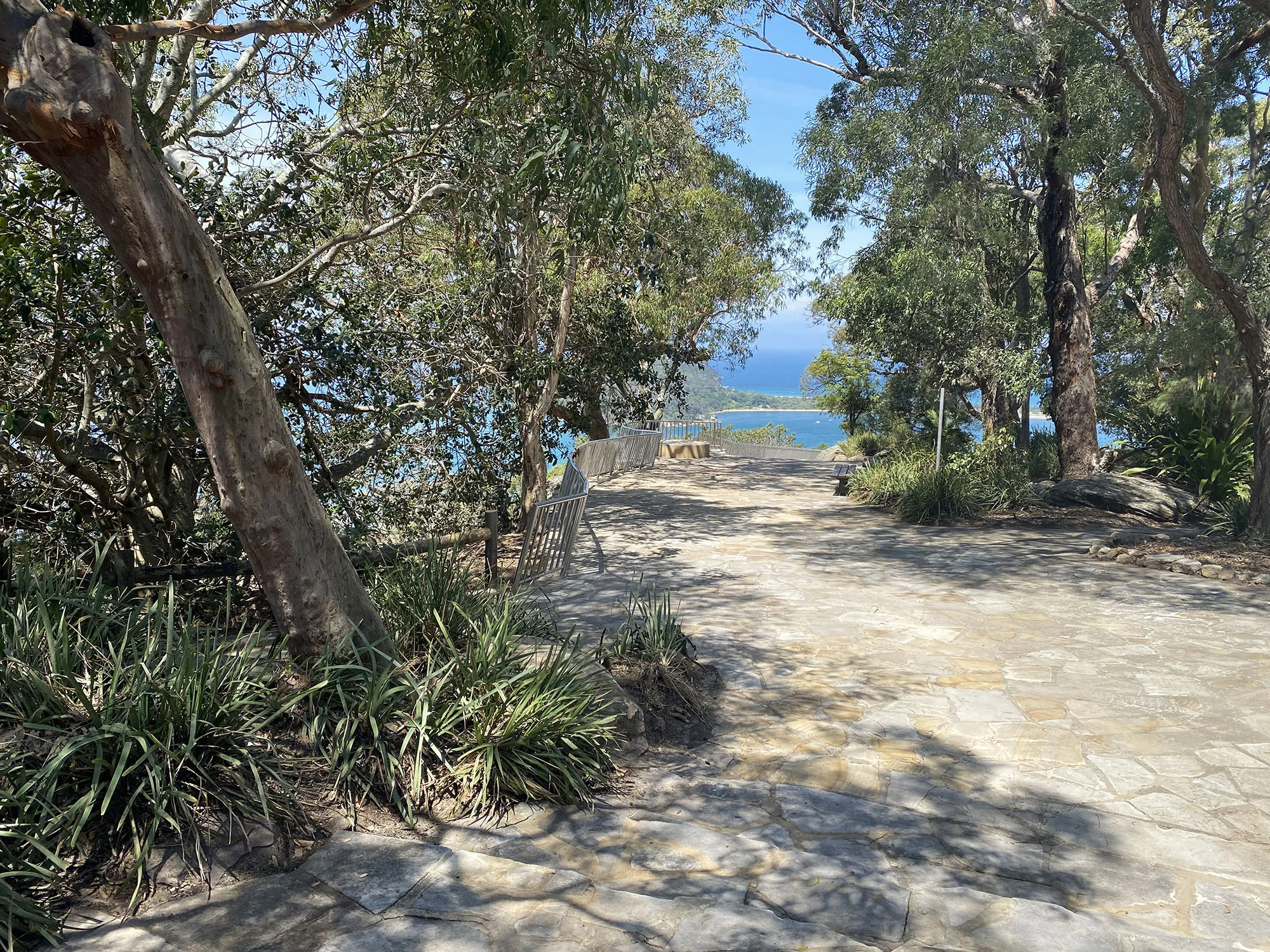 A photograph of sandstone steps and a path in a bush setting, leading towards a lookout with expansive views. Blue sky and water is visible in the background.