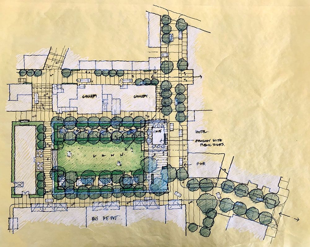 A plan sketched on yellow tracing paper. Buildings are shaded with white pencil. Green trees and open space are shaded green.