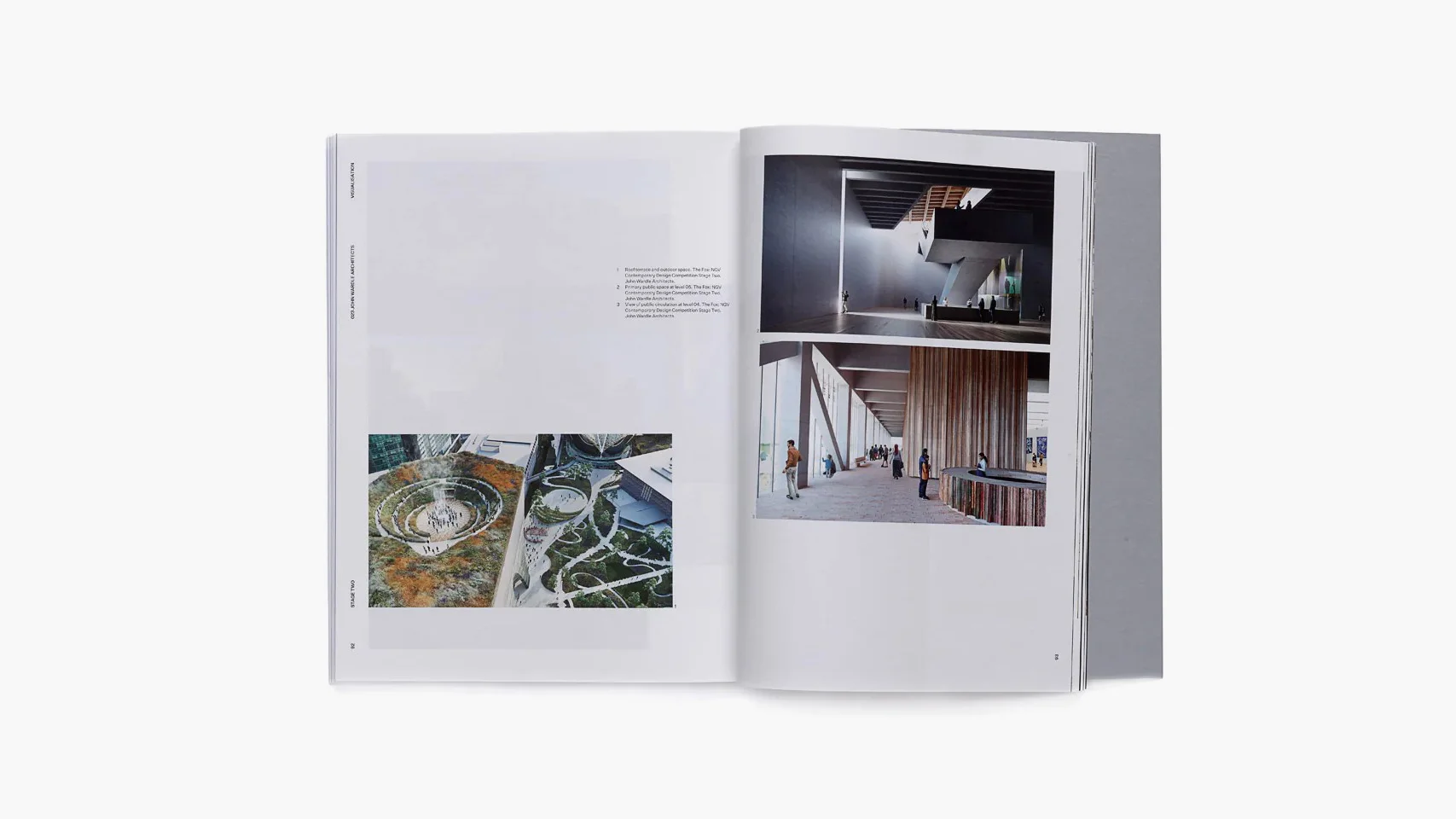 A coloured photograph of an open book on a white background. The spread features three renders of a contemporary gallery, with some tiny text, and lots of white space on the pages.