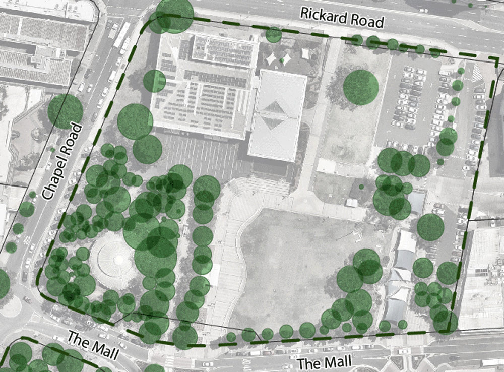 A map of trees on an urban block, showing tree canopy coverage increasing overtime with new design guidelines.
