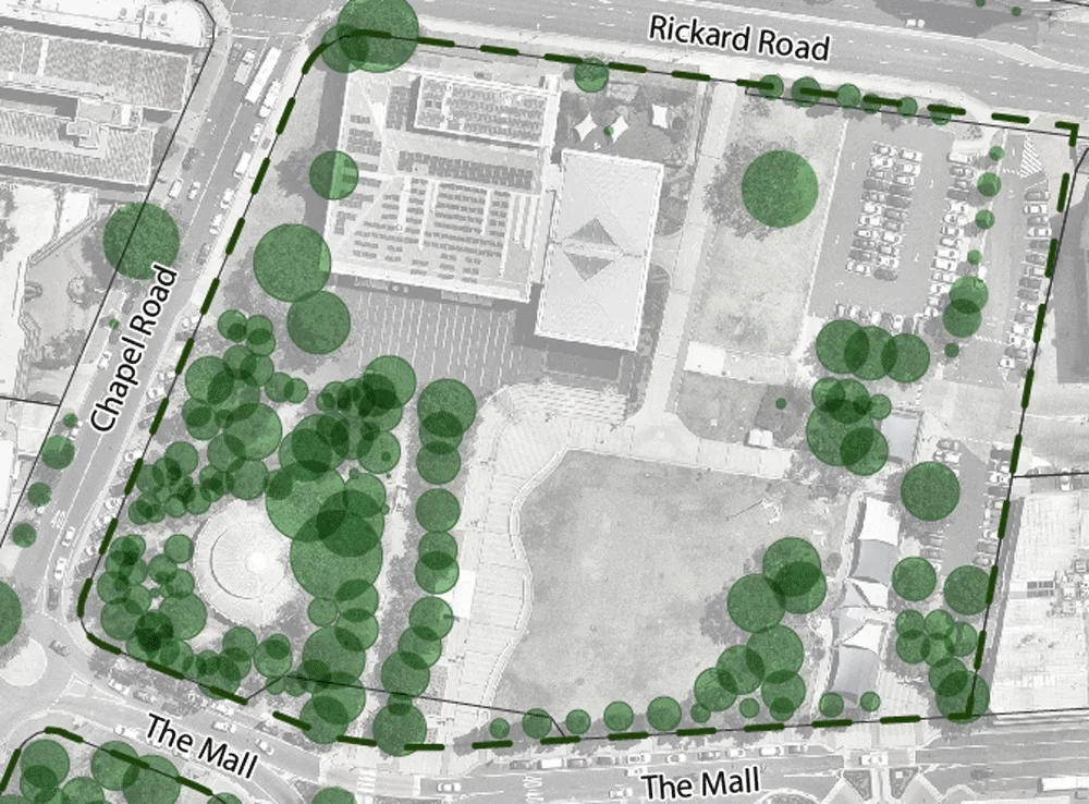 A map of trees on an urban block, showing tree canopy coverage increasing overtime with new design guidelines.