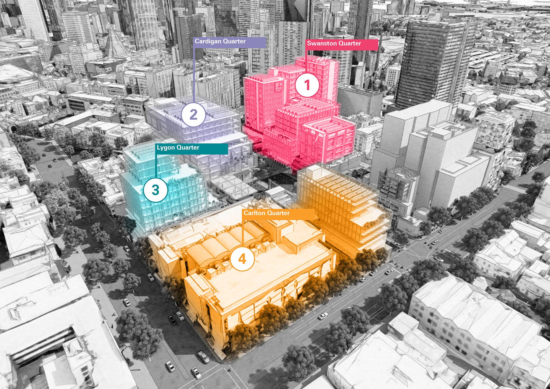 A black and white graphic of a city precinct with four colours highlighting 'Swanson Quarter', 'Cardigan Quarter', 'Lygon Quarter' and 'Carlton Quarter' blocks.