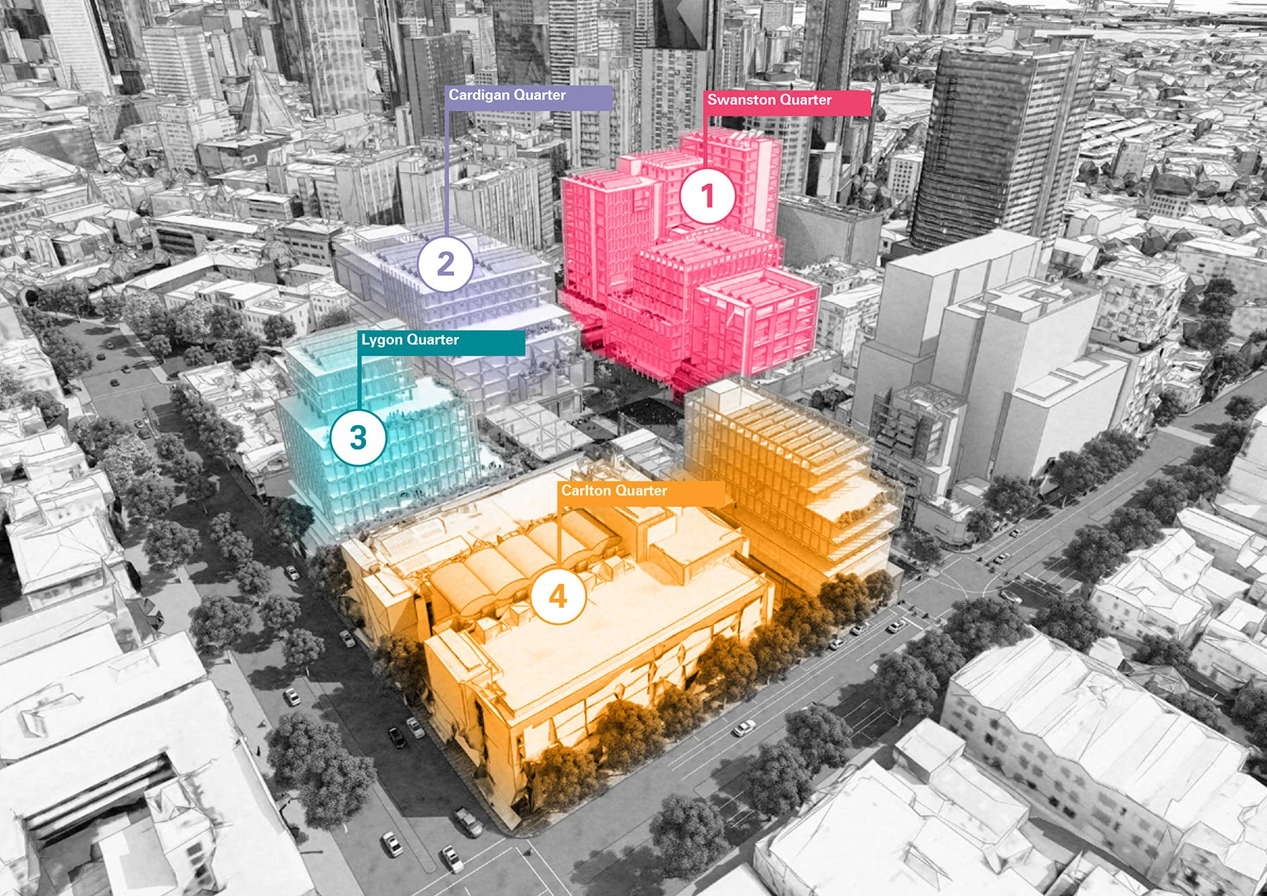 A black and white graphic of a city precinct with four colours highlighting 'Swanson Quarter', 'Cardigan Quarter', 'Lygon Quarter' and 'Carlton Quarter' blocks.