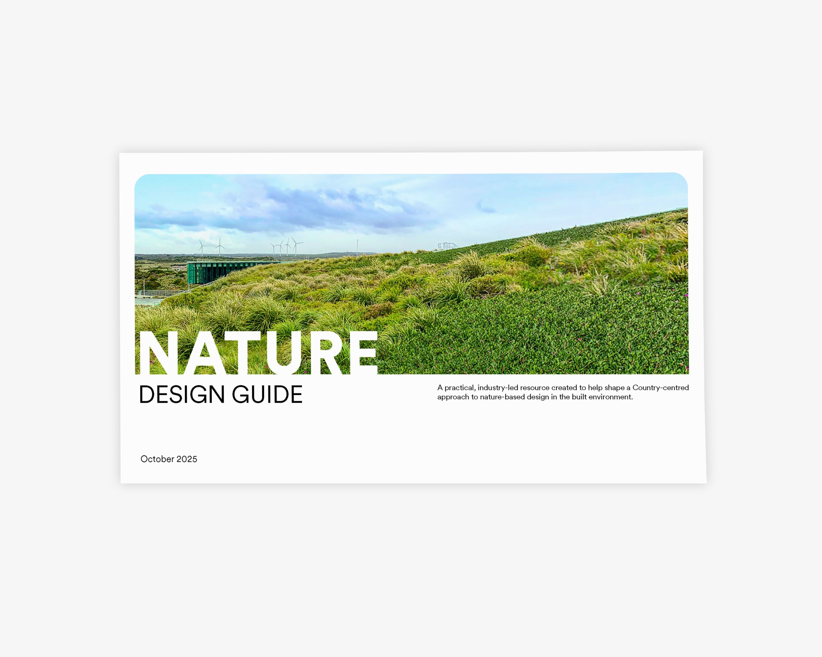 A horizontal cover with a green and blue landscape image reading "Nature Design Guide"