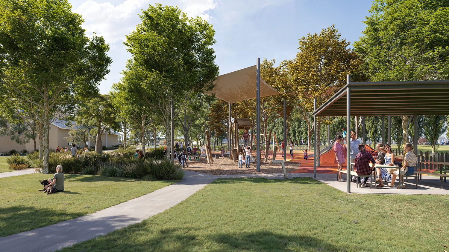 A digital render of a suburban park with sheltered play and seating areas set amongst large leafy trees. 