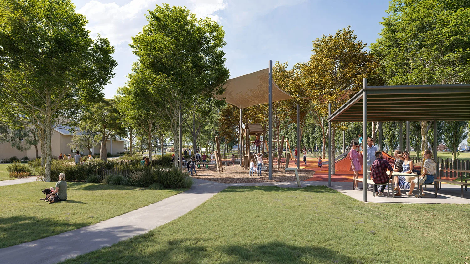 A digital render of a suburban park with sheltered play and seating areas set amongst large leafy trees.