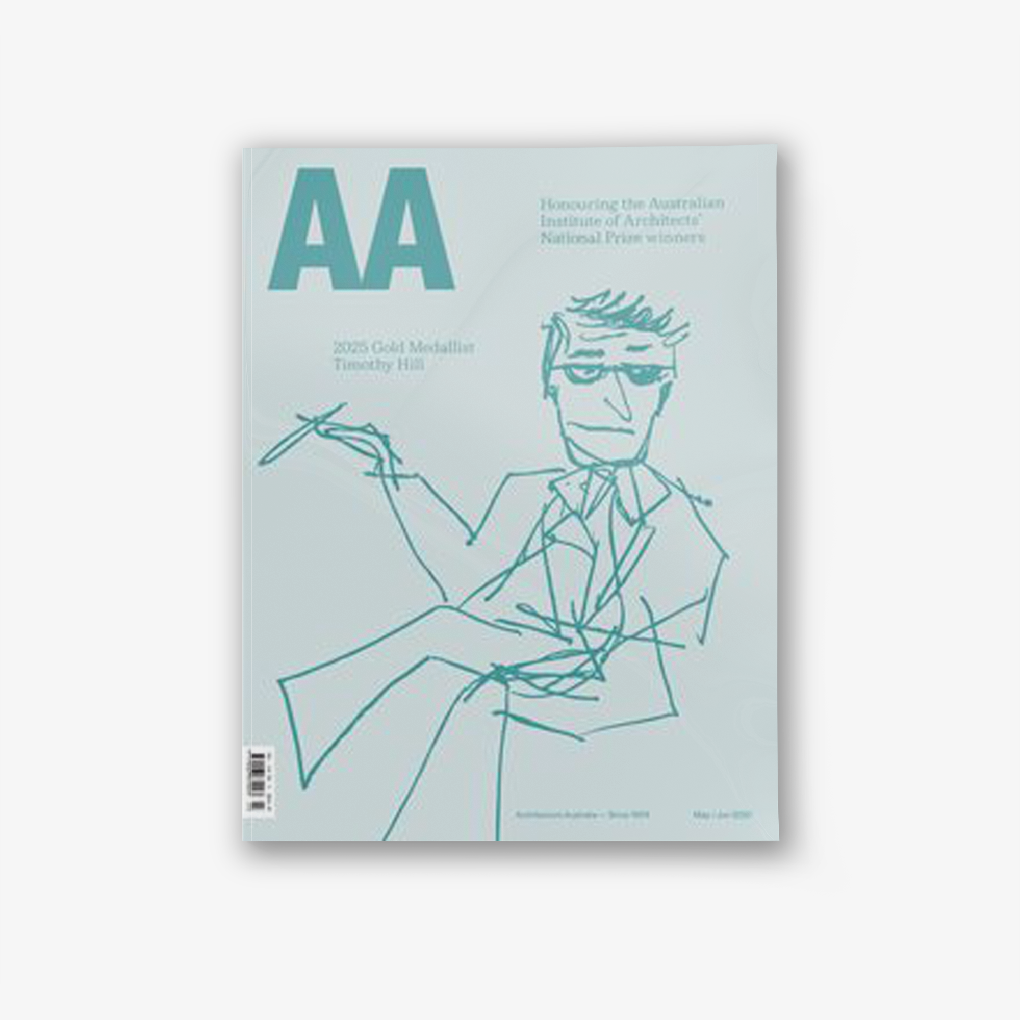 A pale blue magazine cover with AA in the top left corner and a sketch of a person holding a pencil.