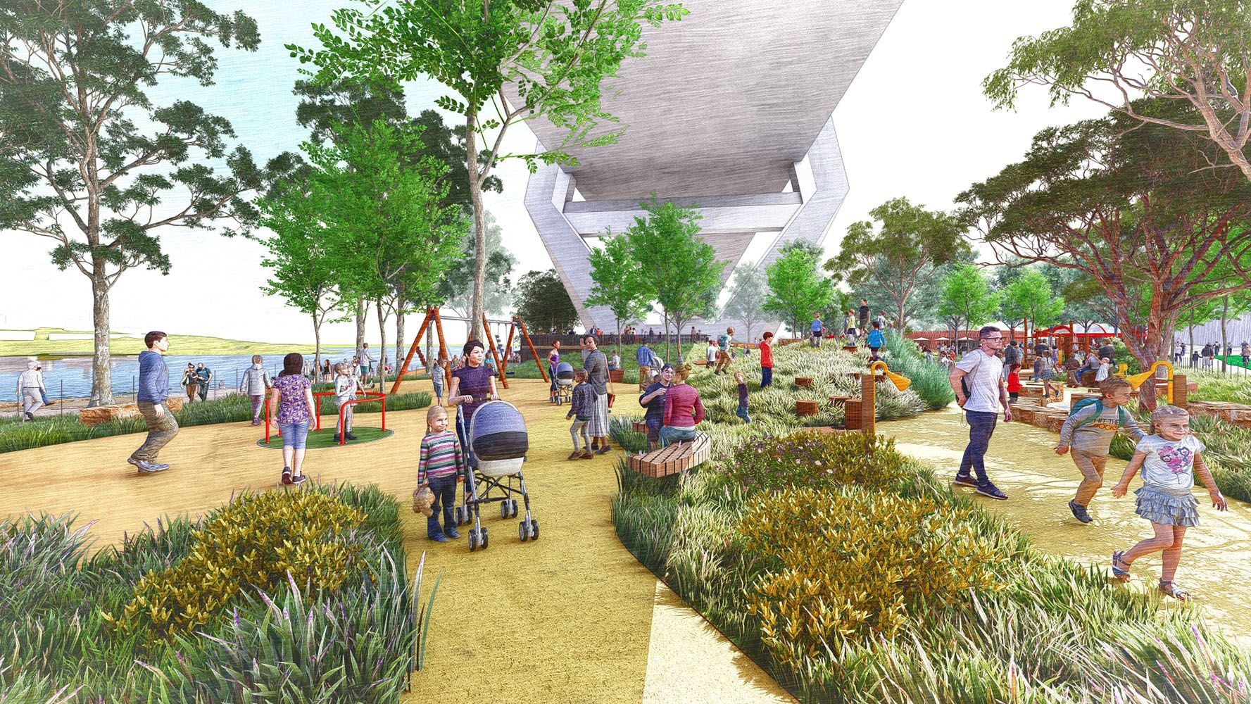 A digital render of a park filled with plants and people. There is a concrete bridge overhead.