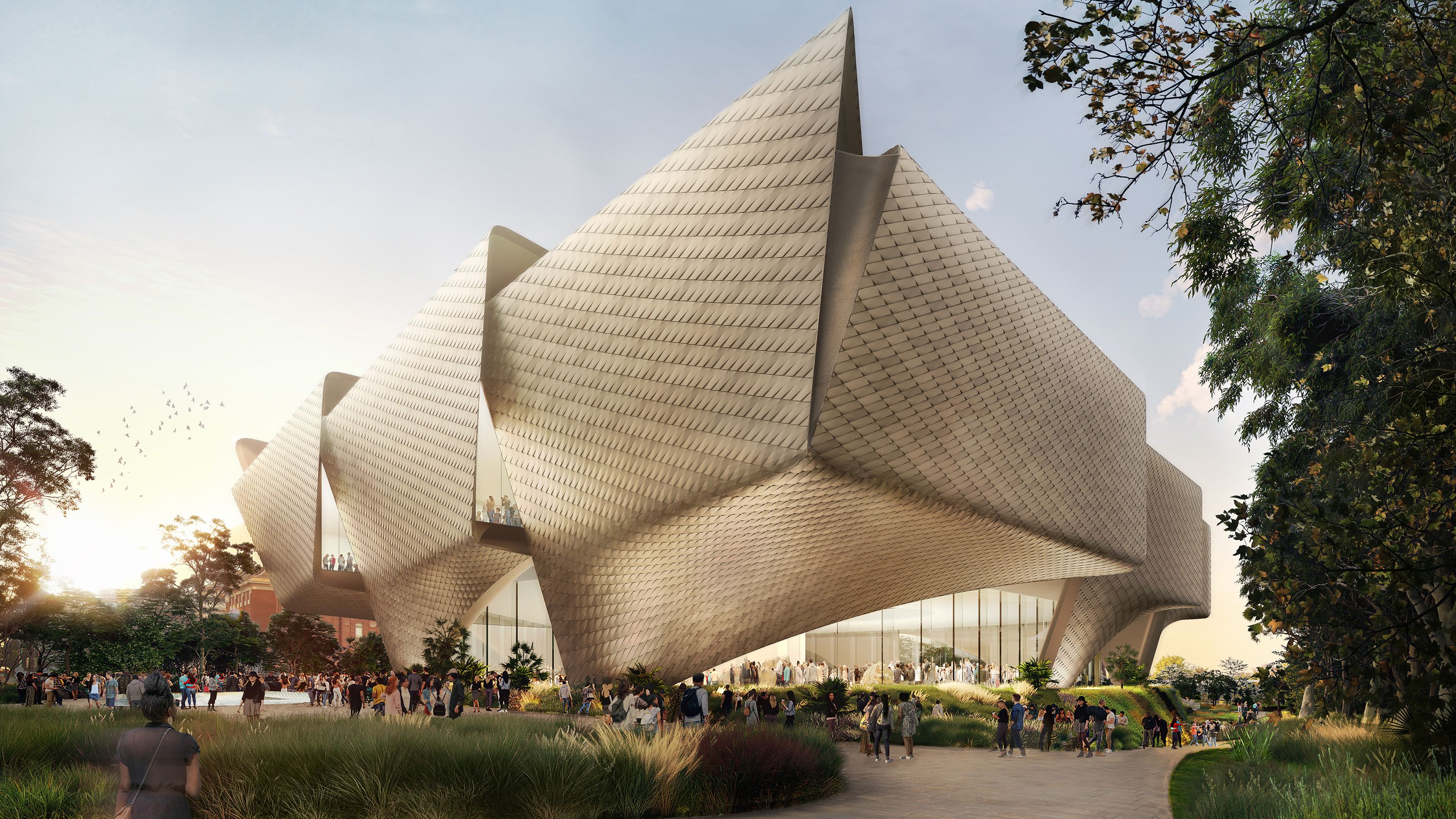A digital render of a large art gallery, in the foreground many people are pictured in gathering in different spaces of a landscape space with curved paths and planting. 