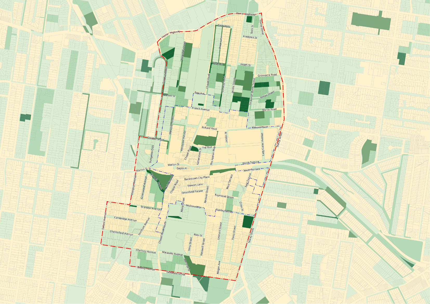 A green and yellow map showing tree canopy coverage. 