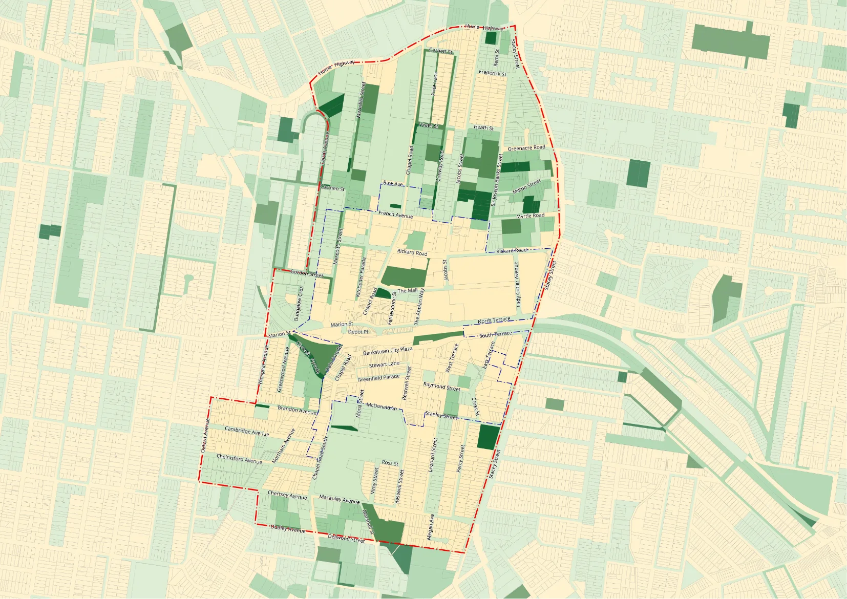 A green and yellow map showing tree canopy coverage.