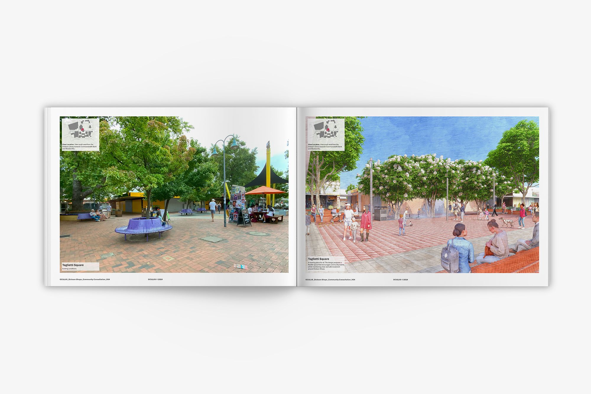 A digital mock-up of an open, horizontal, design report. There's a photo on the left, corresponding with a concept render on the right.