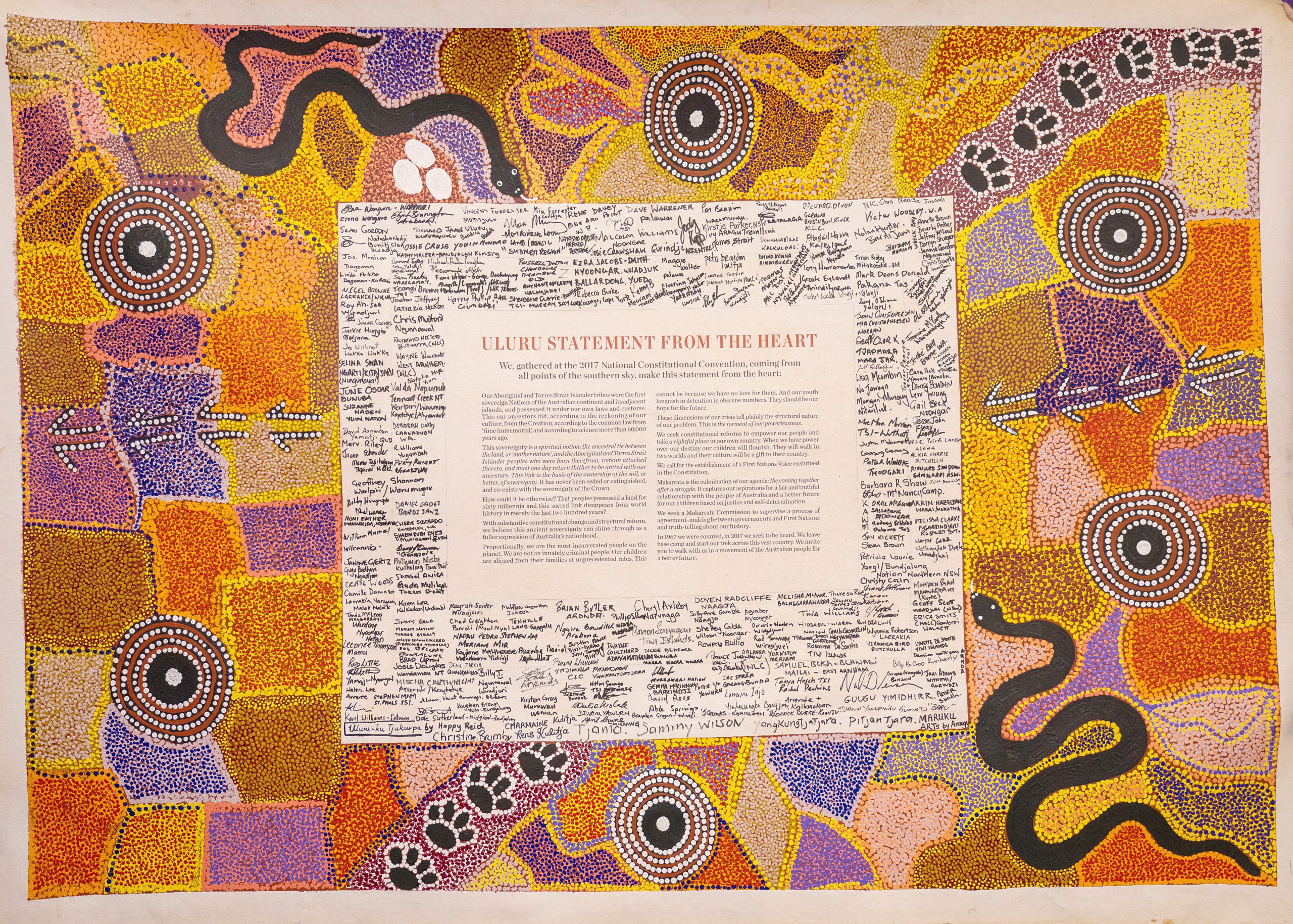 A photograph of a printed statement on canvas, surrounded by signatures in black marker, and framed with an Aboriginal dot painting.