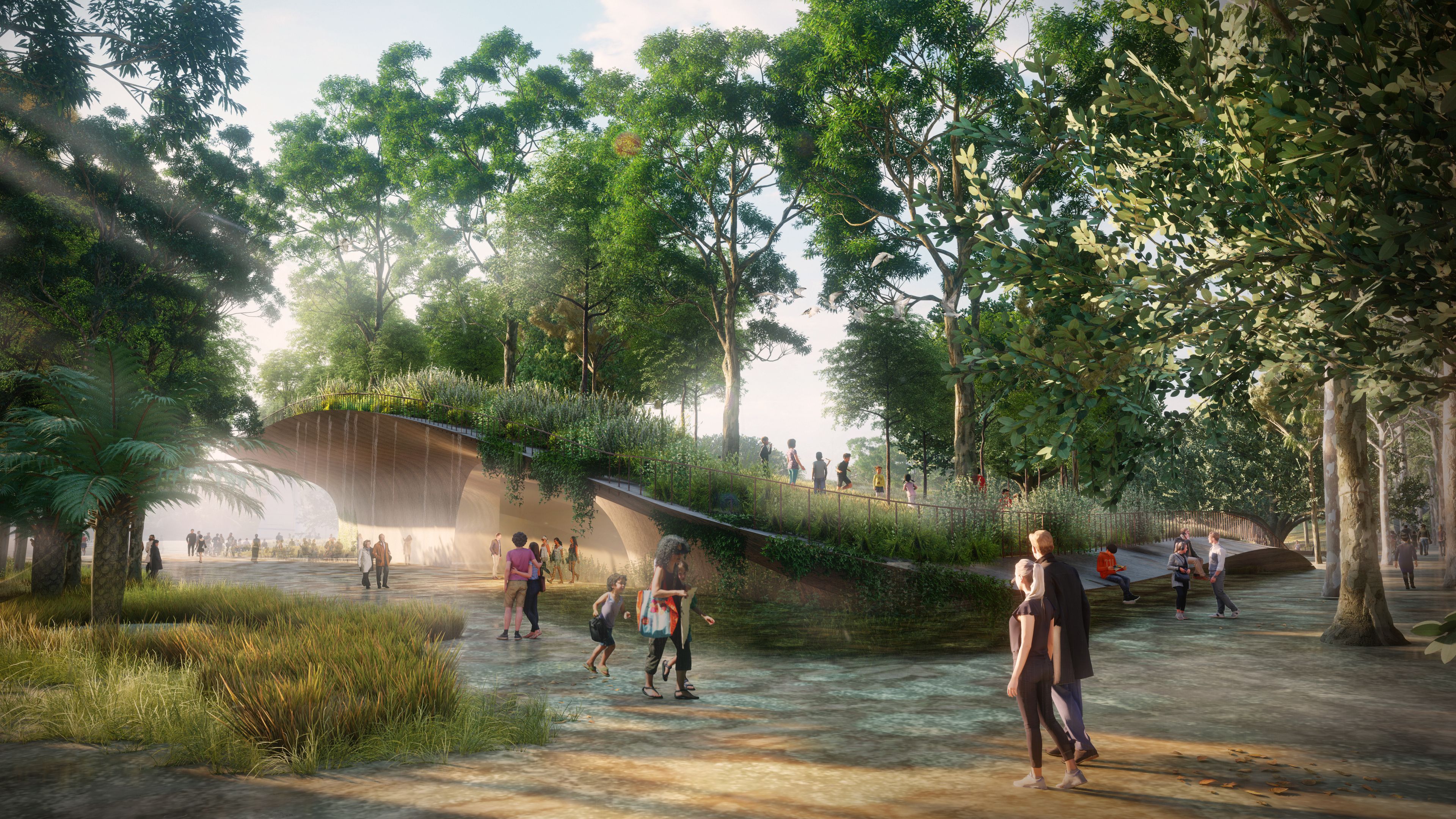 A digital visualisation of an urban park featuring dramatic landforms and lush Australian vegetation.