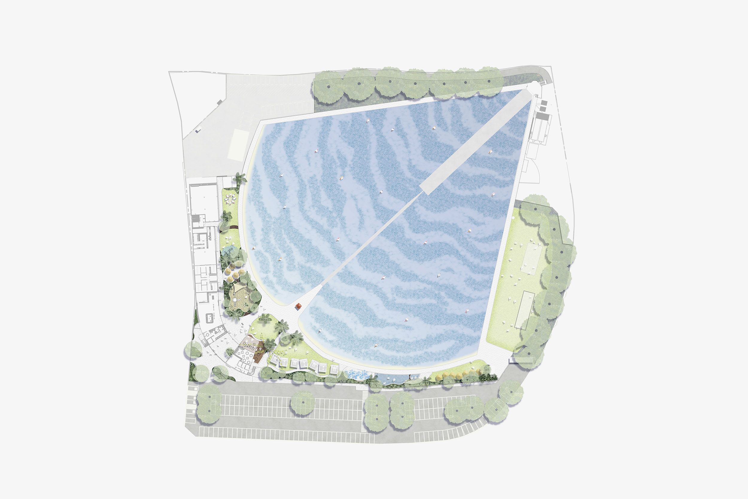 An illustrated, landscape concept plan of a very large wave pool. The shape is like a shell.  There are green areas around the edges.