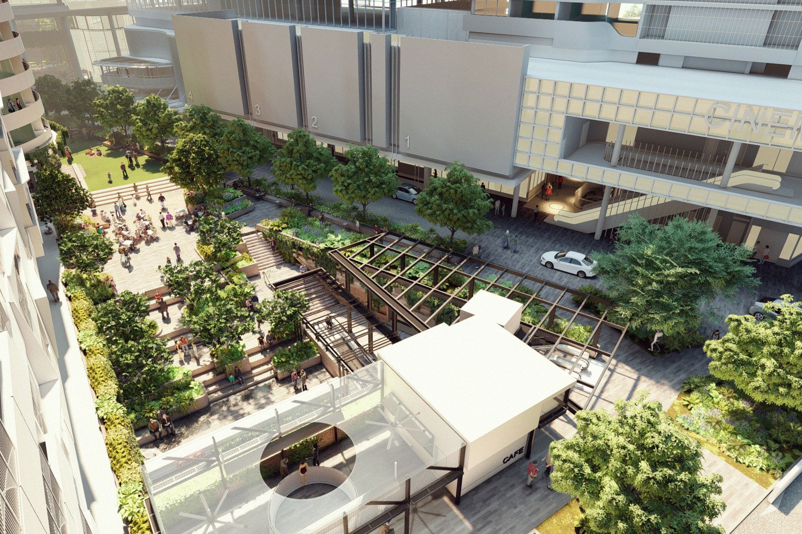 A digital render of a large, lush public plaza split across two levels. It is surrounded by tall buildings.