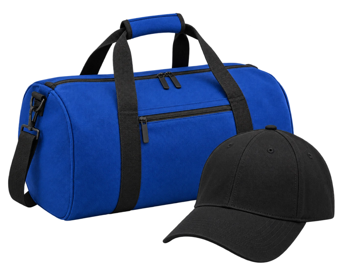 Blue team kit bag with a black cap