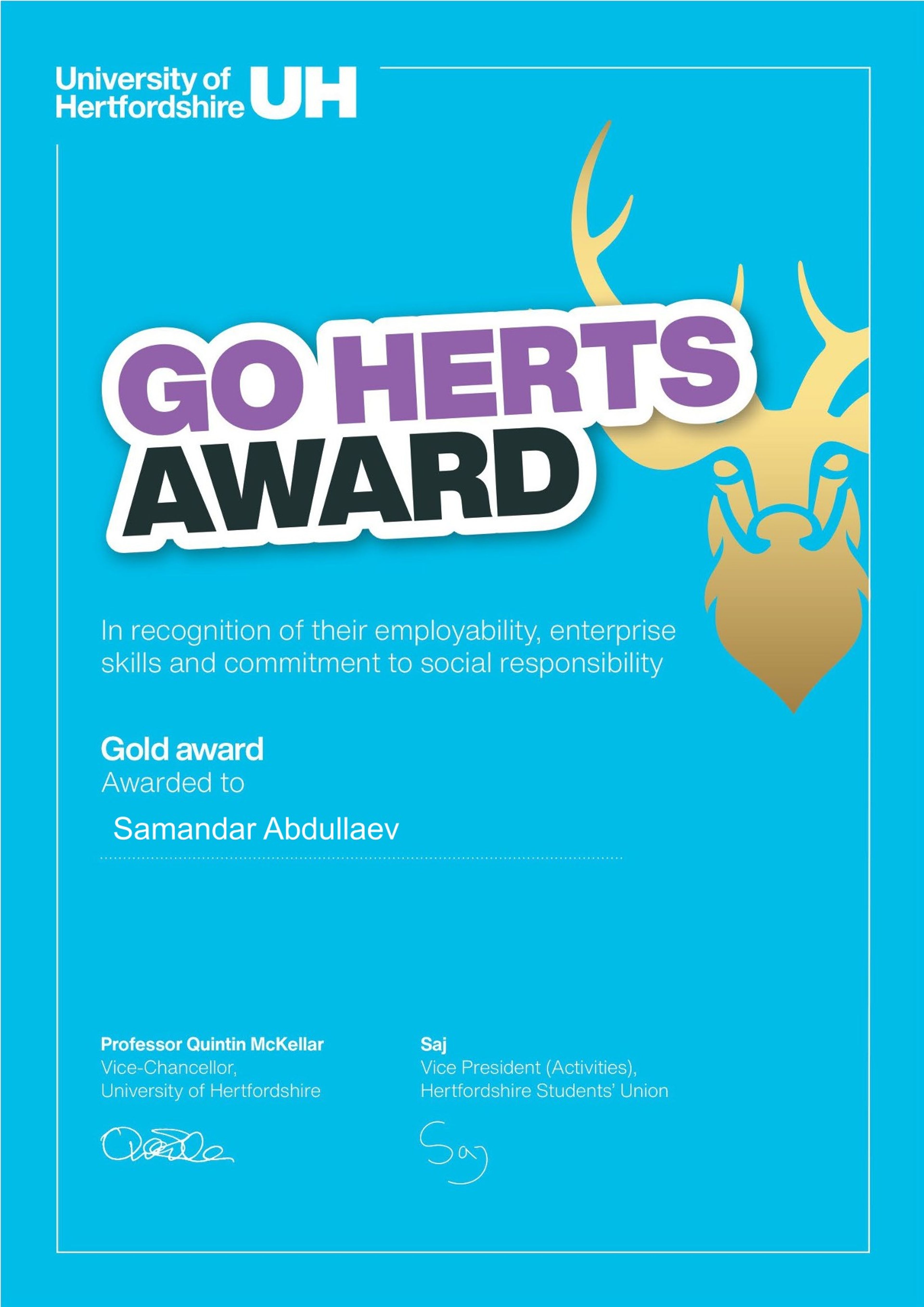 Gold Go Herts Award Achiever