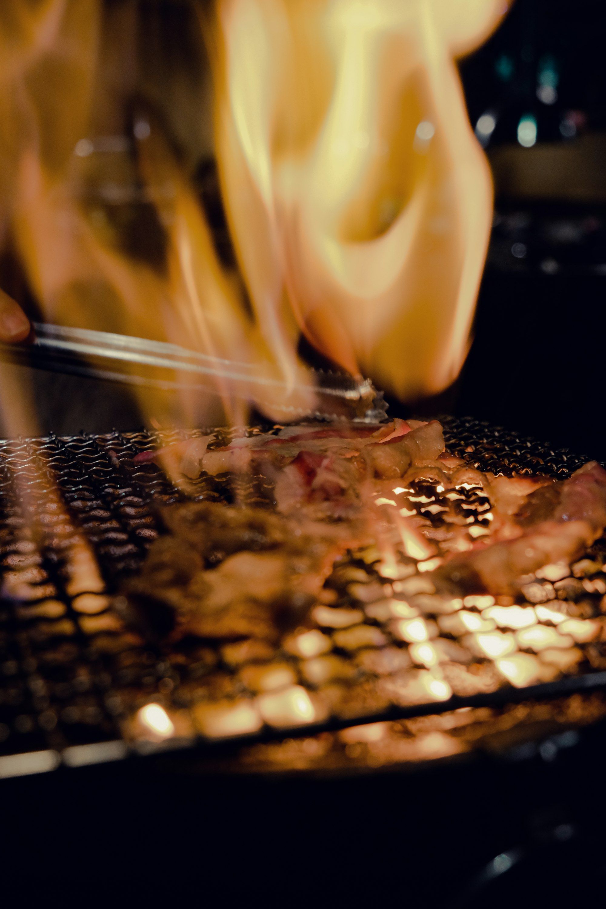 Spiedini di carne sulla griglia tra le fiamme