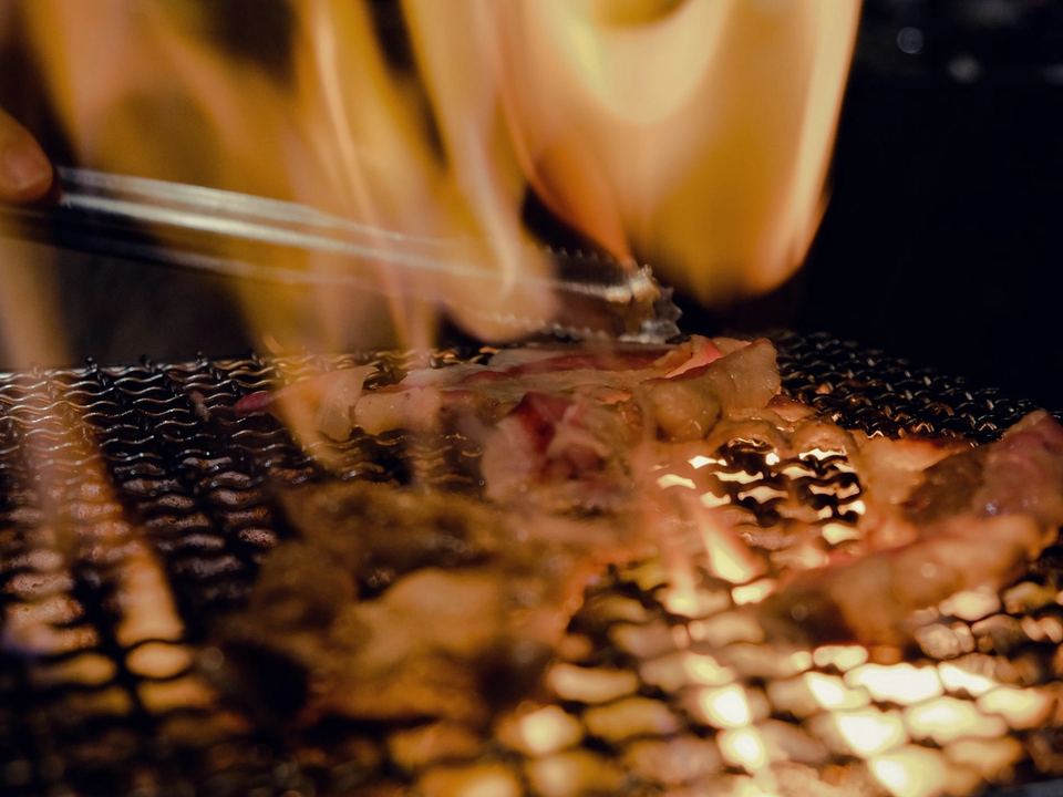 Spiedini di carne sulla griglia tra le fiamme