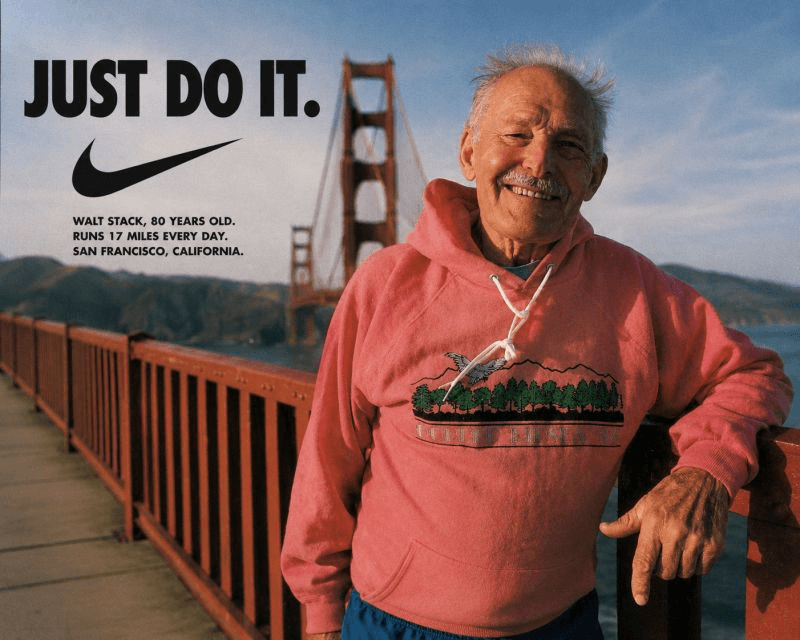 Wieden+Kennedy’s 1988 Nike “Just Do It” ad featuring 80-year-old runner Walt Stack on the Golden Gate Bridge