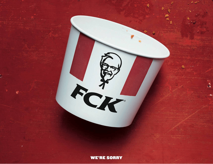 Mother London’s 2018 KFC “FCK” apology ad, showing an empty chicken bucket with the letters rearranged and the line “We’re sorry”