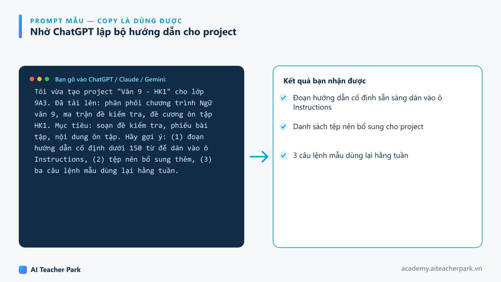 Prompt mẫu nhờ ChatGPT đề xuất hướng dẫn cố định, tệp cần bổ sung và câu lệnh dùng lại cho project Văn 9 - HK1.
