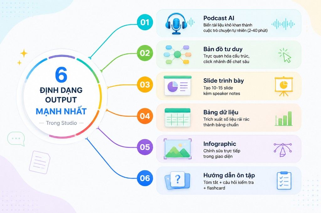 Infographic: 6 định dạng output mạnh nhất trong NotebookLM Studio