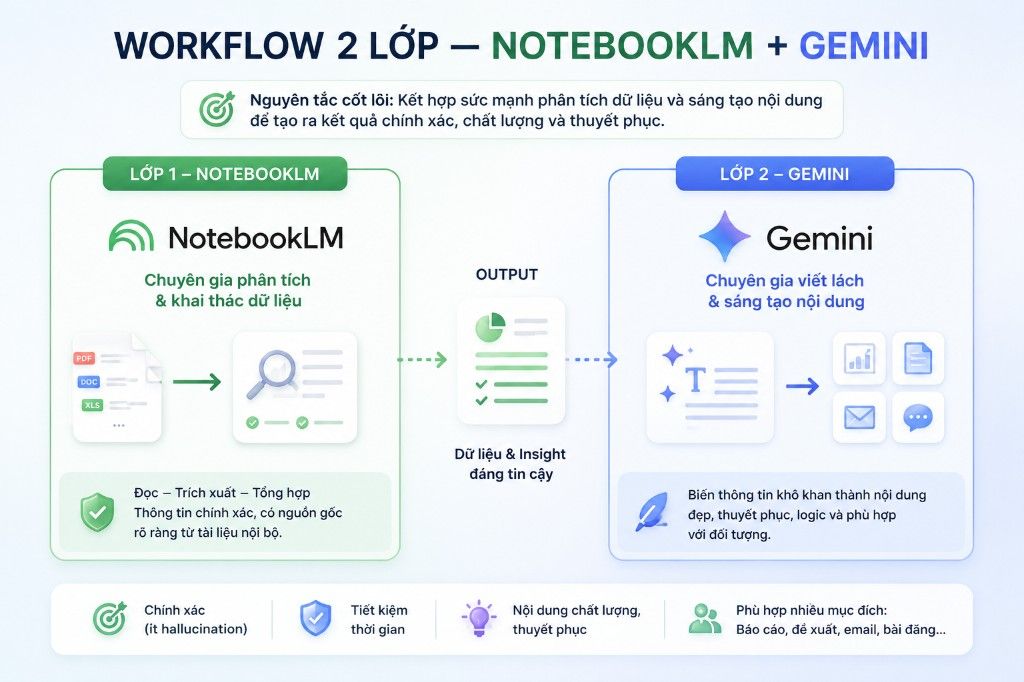 Workflow 2 lớp: NotebookLM phân tích dữ liệu, Gemini viết nội dung