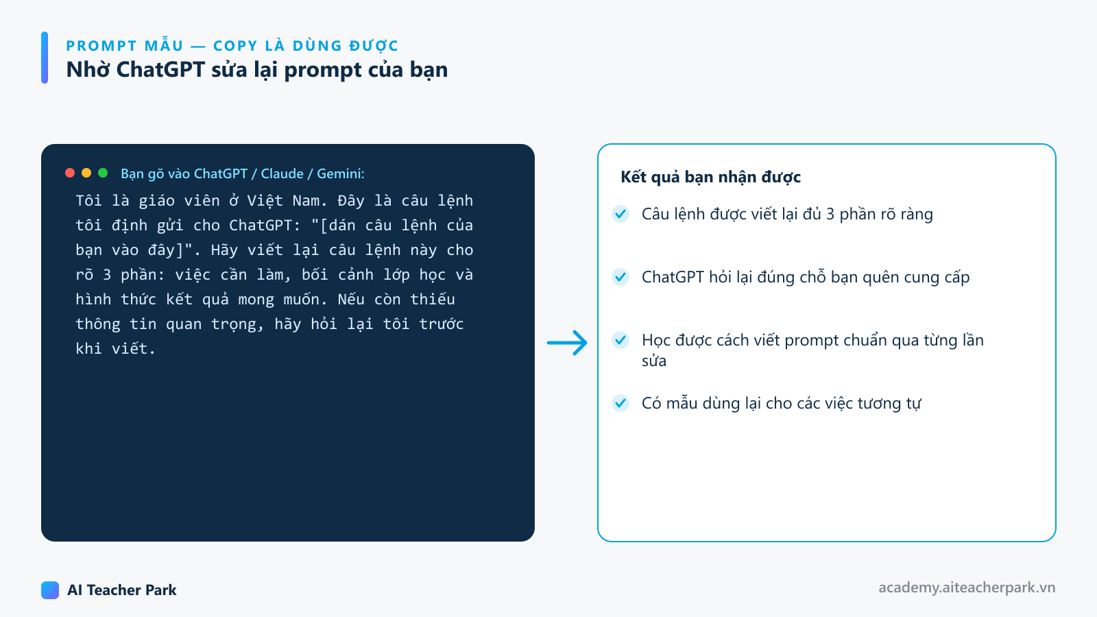 Ảnh minh họa prompt nhờ ChatGPT viết lại câu lệnh của giáo viên cho đủ 3 phần việc cần làm, bối cảnh và kết quả