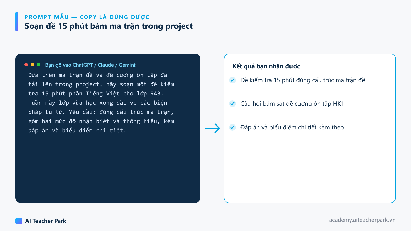 Prompt mẫu yêu cầu ChatGPT soạn đề kiểm tra 15 phút phần Tiếng Việt lớp 9 dựa trên ma trận đề đã tải lên project.