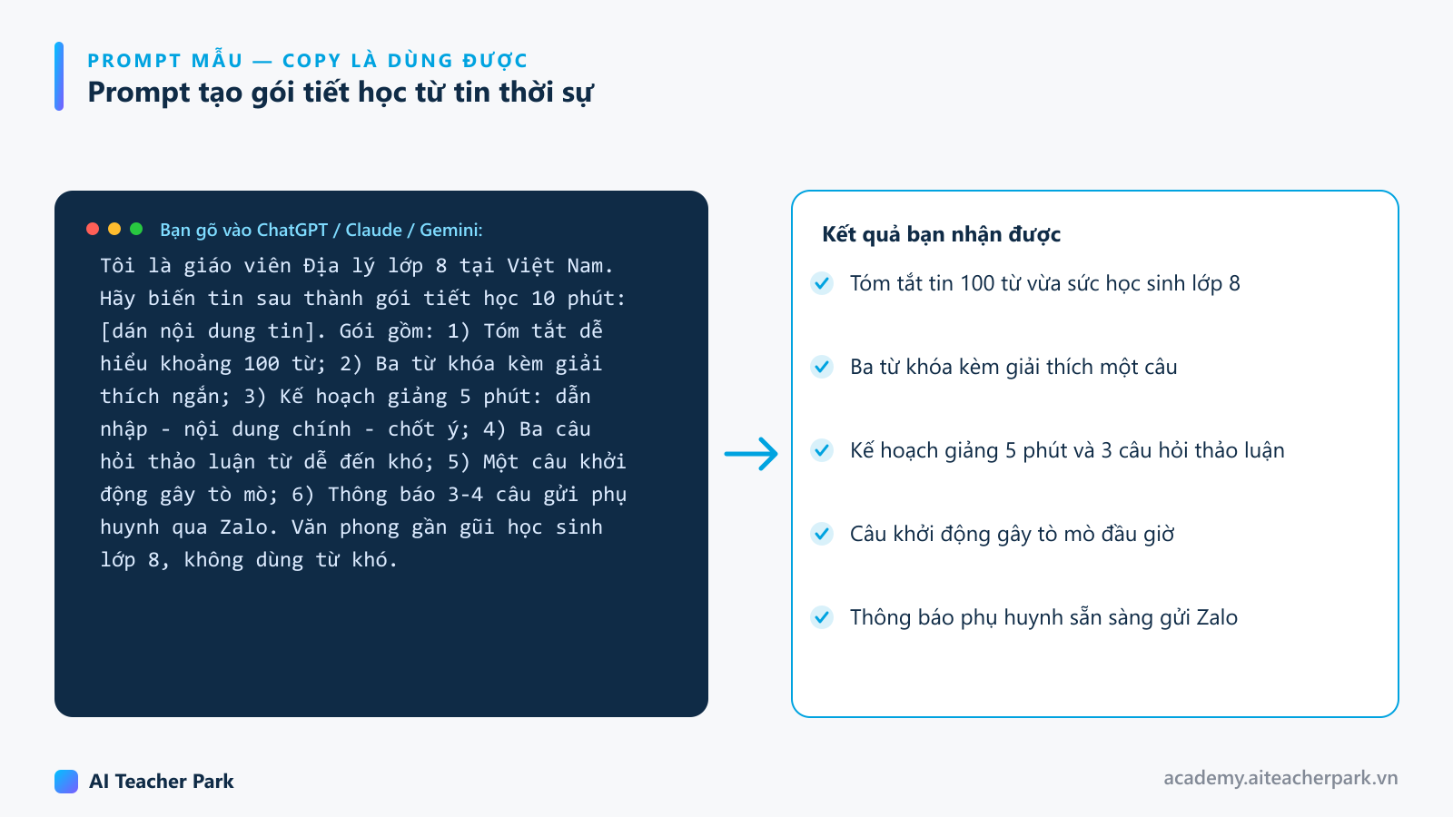 Ảnh minh họa prompt ChatGPT tạo gói tiết học 6 phần từ một tin thời sự cho học sinh lớp 8