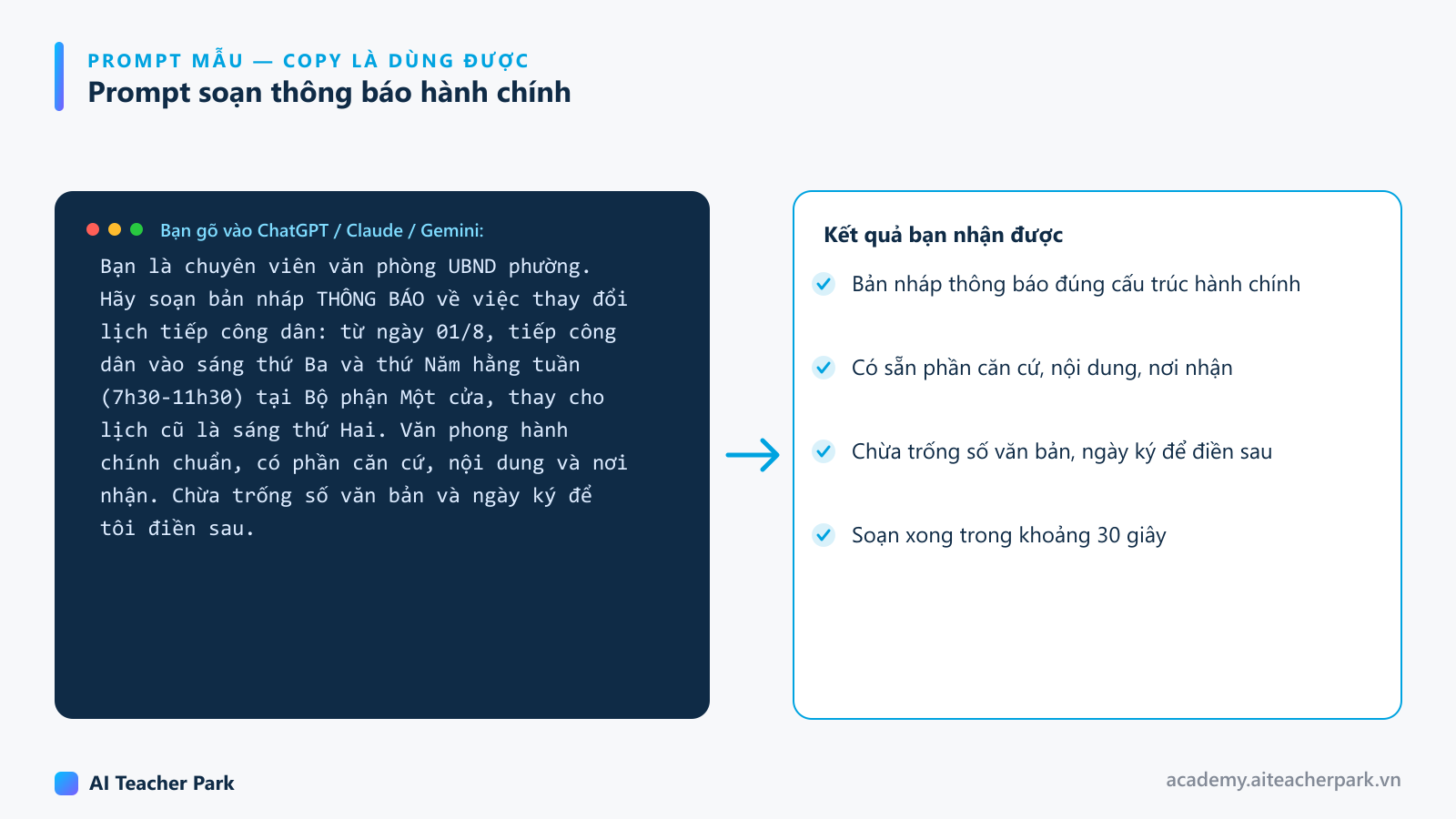 Prompt mẫu yêu cầu AI soạn bản nháp thông báo thay đổi lịch tiếp công dân theo văn phong hành chính