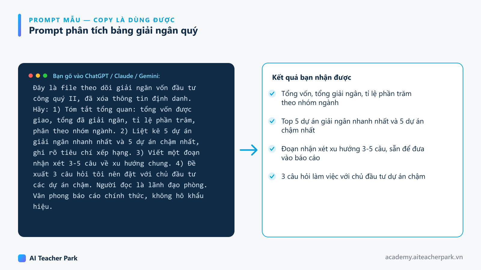 Prompt mẫu yêu cầu AI phân tích file Excel giải ngân vốn đầu tư công quý II: tóm tắt tổng quan, xếp hạng dự án, nhận xét xu hướng