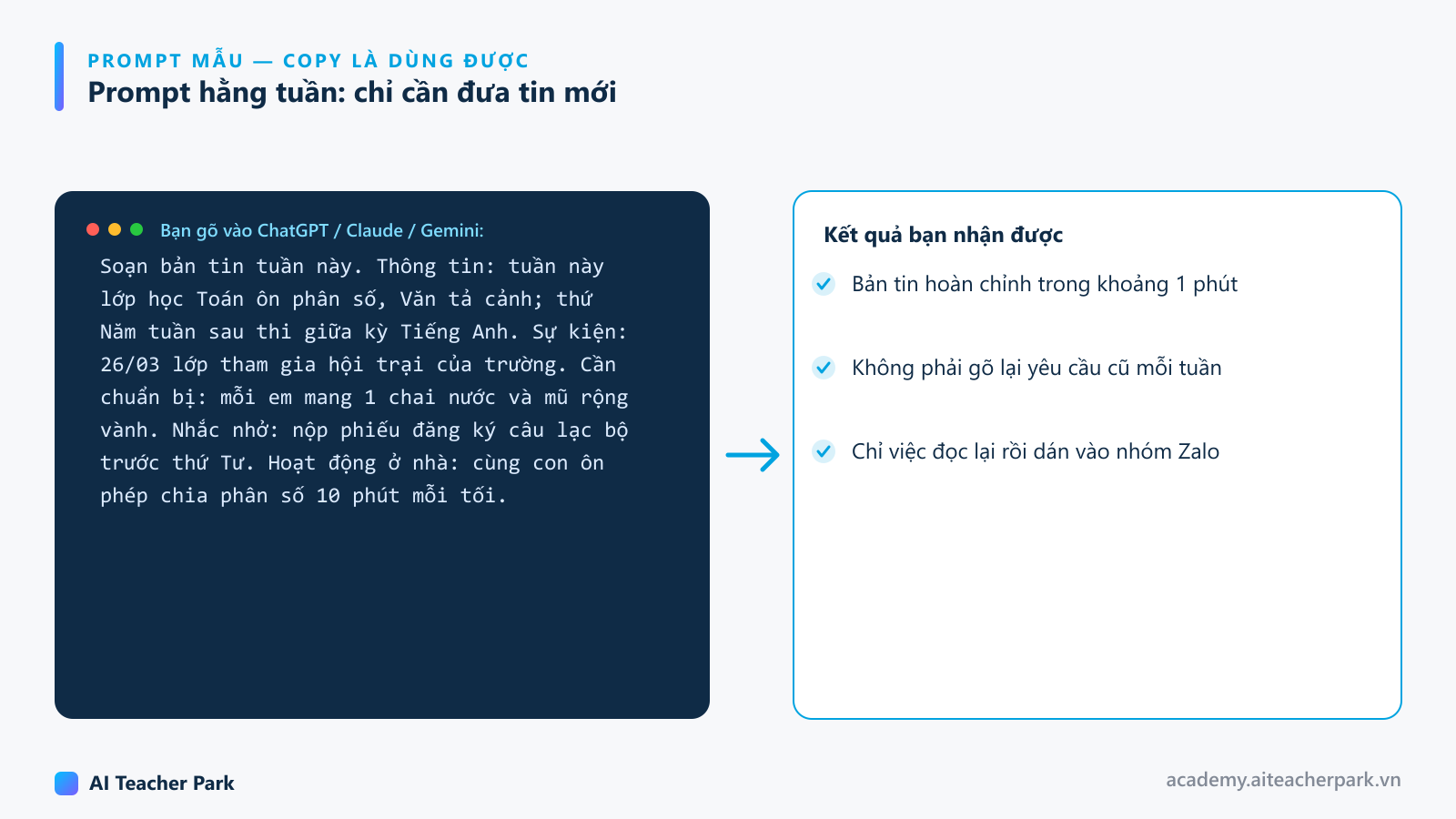 Prompt hằng tuần: liệt kê tin mới của tuần bằng gạch đầu dòng để trợ lý soạn bản tin lớp