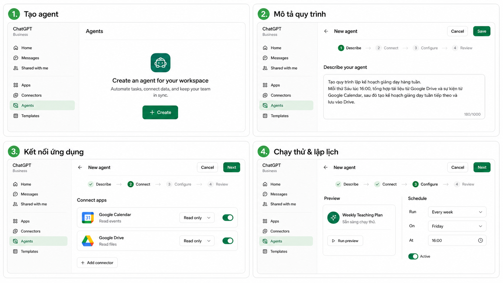 Giao diện minh họa ChatGPT Business với Trợ lý học vụ, Calendar và Drive