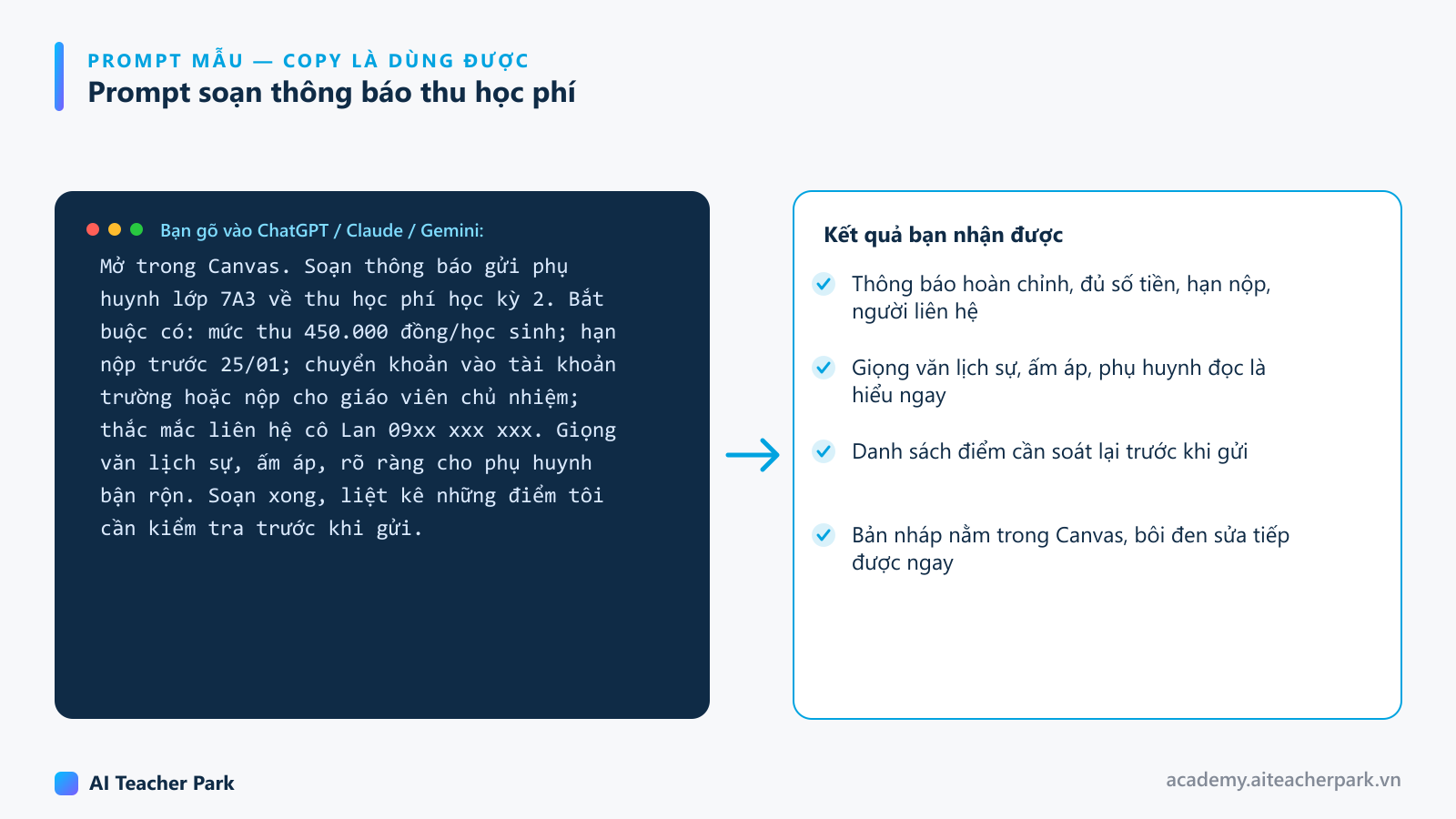 Prompt mẫu nhập vào ChatGPT để mở Canvas và soạn thông báo thu học phí gửi phụ huynh lớp 7A3, kèm các kết quả nhận được